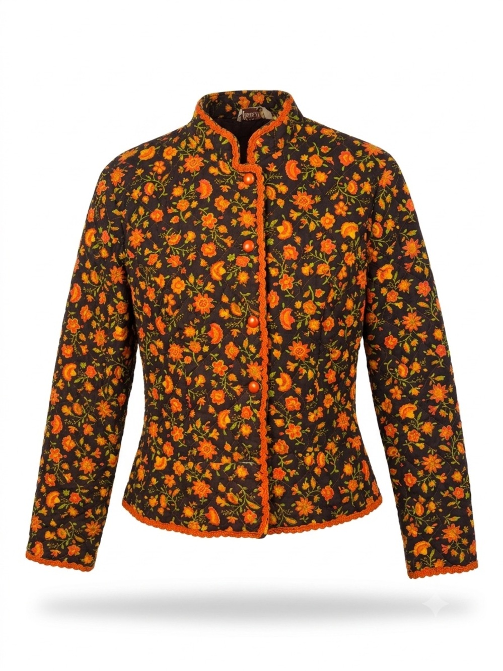 VTG 70s Neiman Marcus Quilted Floral Jacket Boho Folk cottagecore orange tri